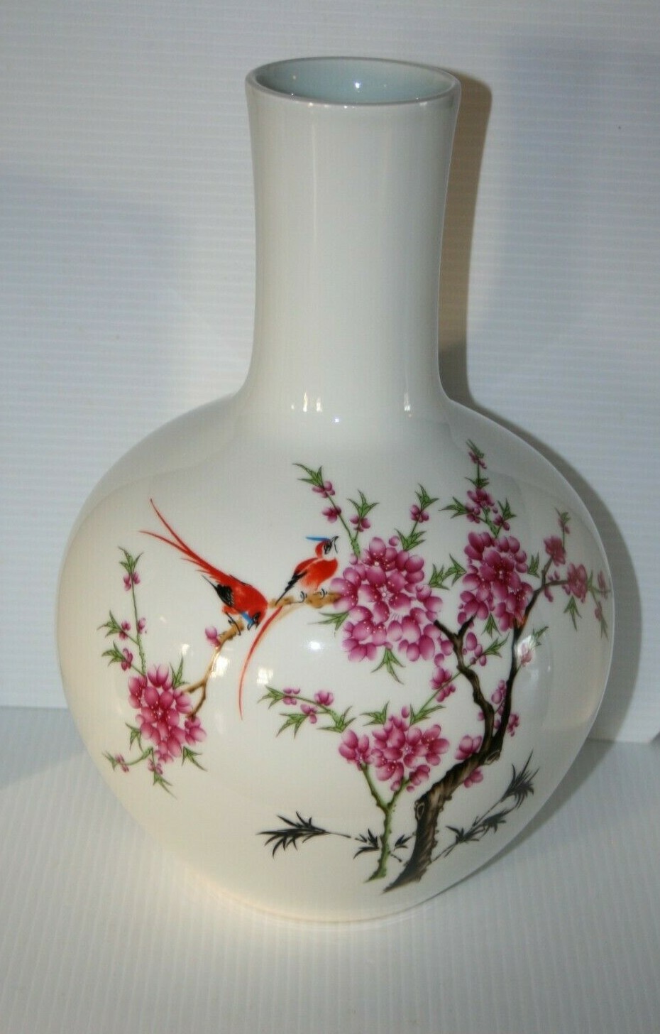 Dahlia Vase Famille Rose Hand Crafted & Painted Porcelain Art Bird Peach Blossom