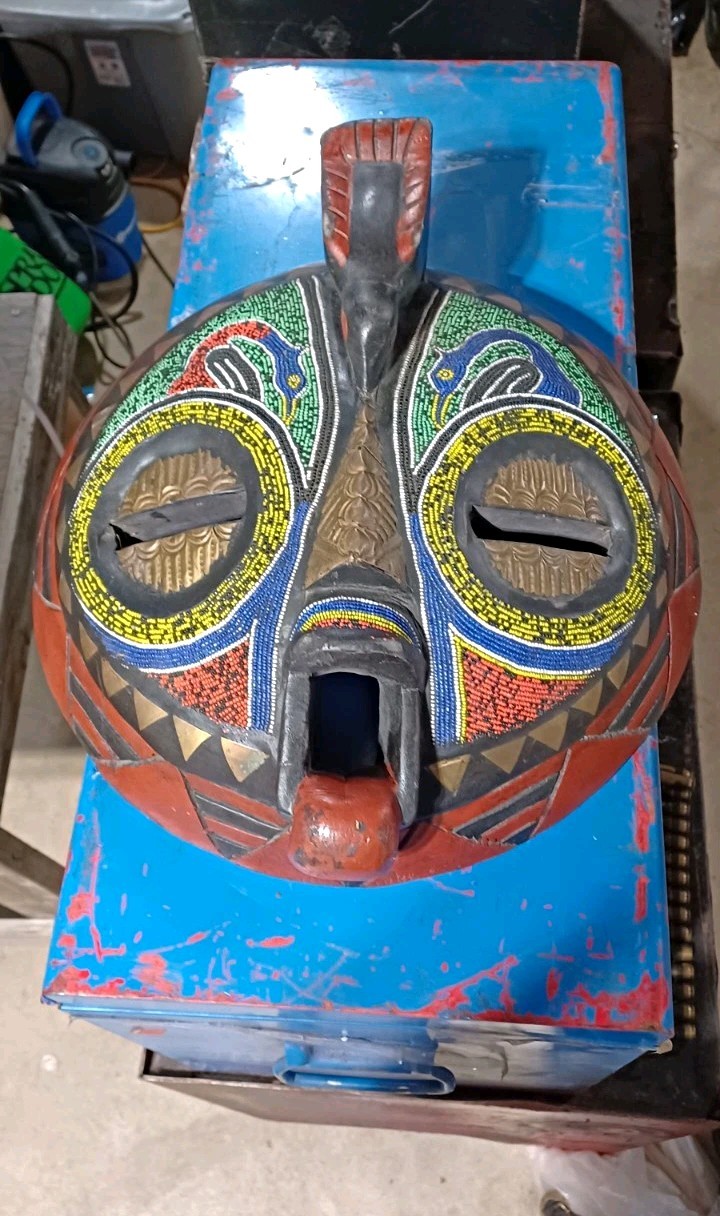 Vintage African Beaded Round Mask Hand Carved Wood Brass Bird Tribal Wall Art