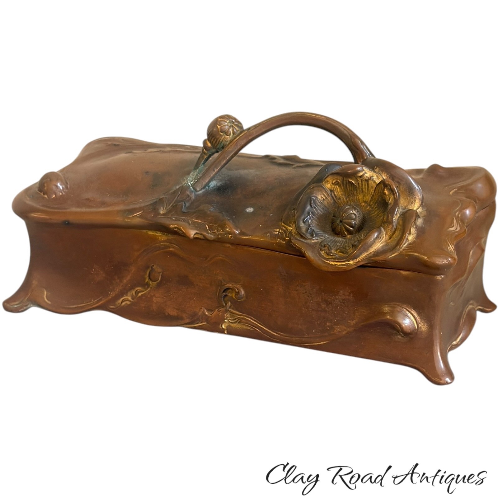 Antique c1900 Art Nouveau bronze style Jewelry Box Poppy Flower J.B. Signed Antique c1900 Art Nouveau bronze style Jewelry Box Poppy Flower J.B. Signed