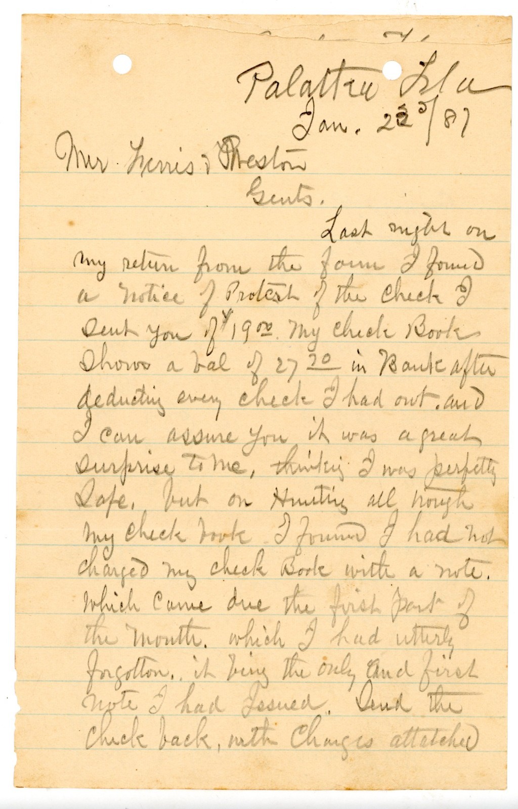 1887 Handwritten Business Letter from Palatka, Florida Protested Check