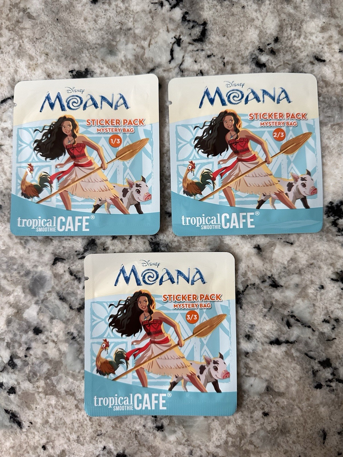 Tropical Smoothie Cafe Limited Moana Disney Stickers 1 +2 +3 COMPLETE SET