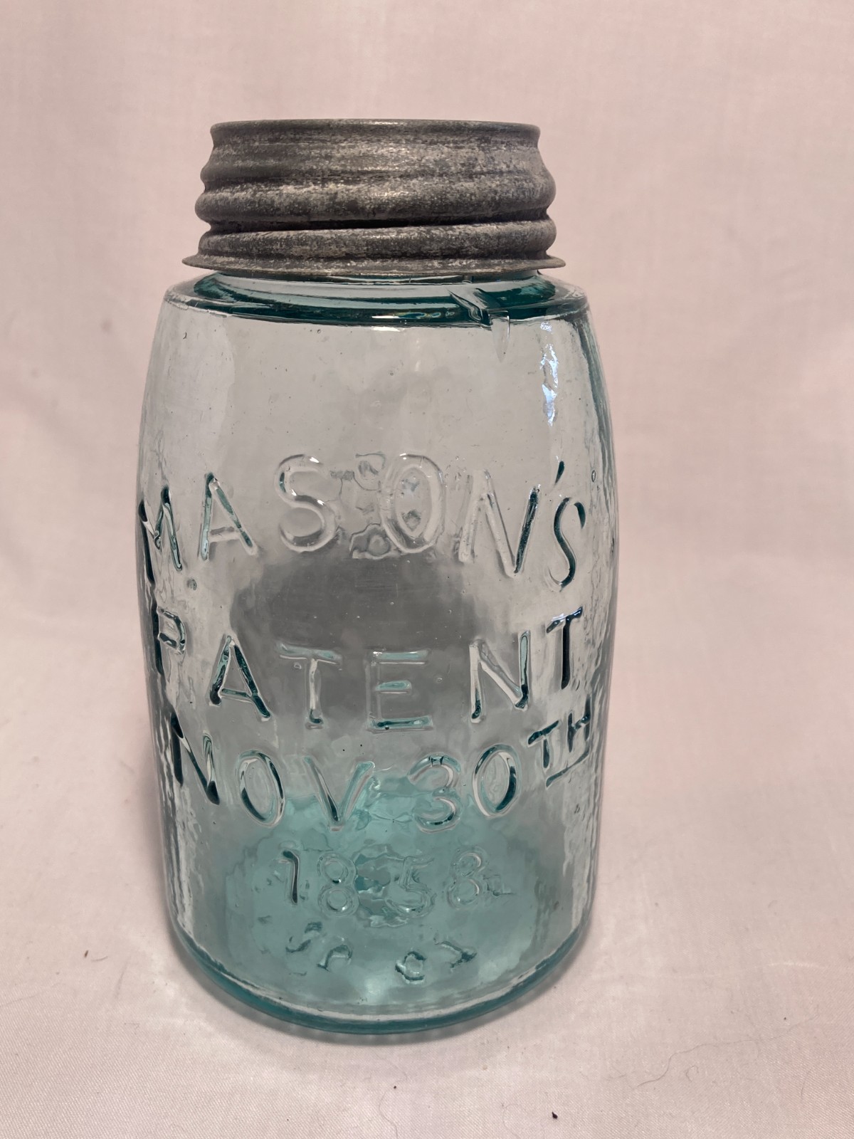 c1880s Mason\'s Hero Cross Patent Nov. 30th 1858 Aqua Midget Pint Fruit Jar W/lid