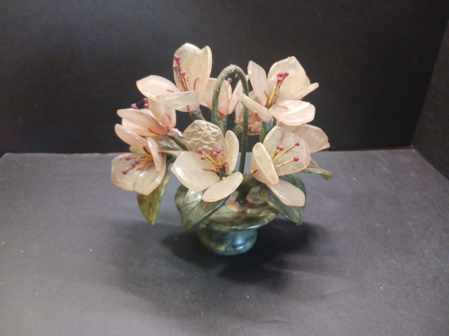Chinese Jade Quartz Stone Flowers in Basket Base 5 Inch Chinese Jade Quartz Stone Flowers in Basket Base 5 Inch