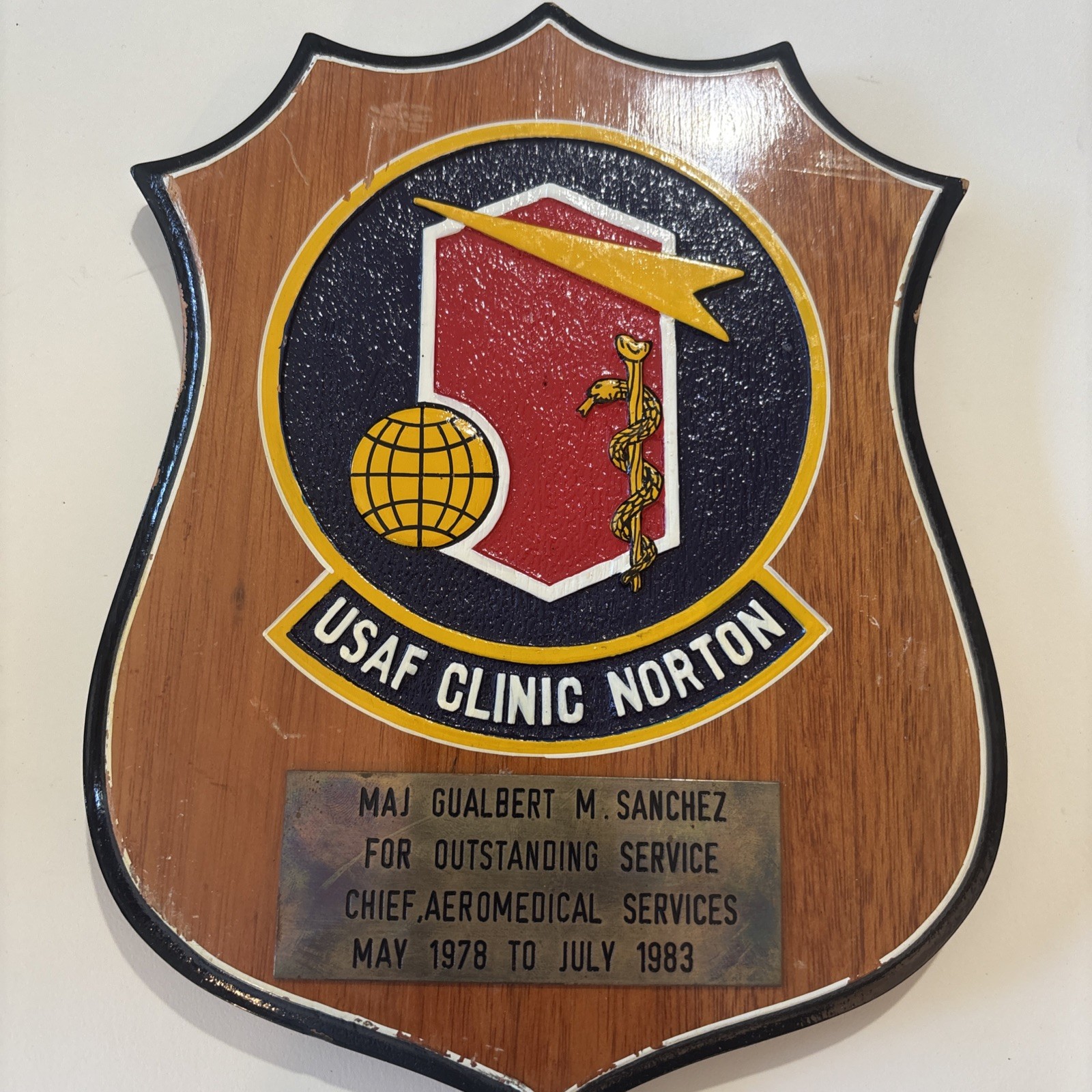 Vintage USAF Norton AFB Clinic Plaque Maj Gualbert Sanchez 1978-1983