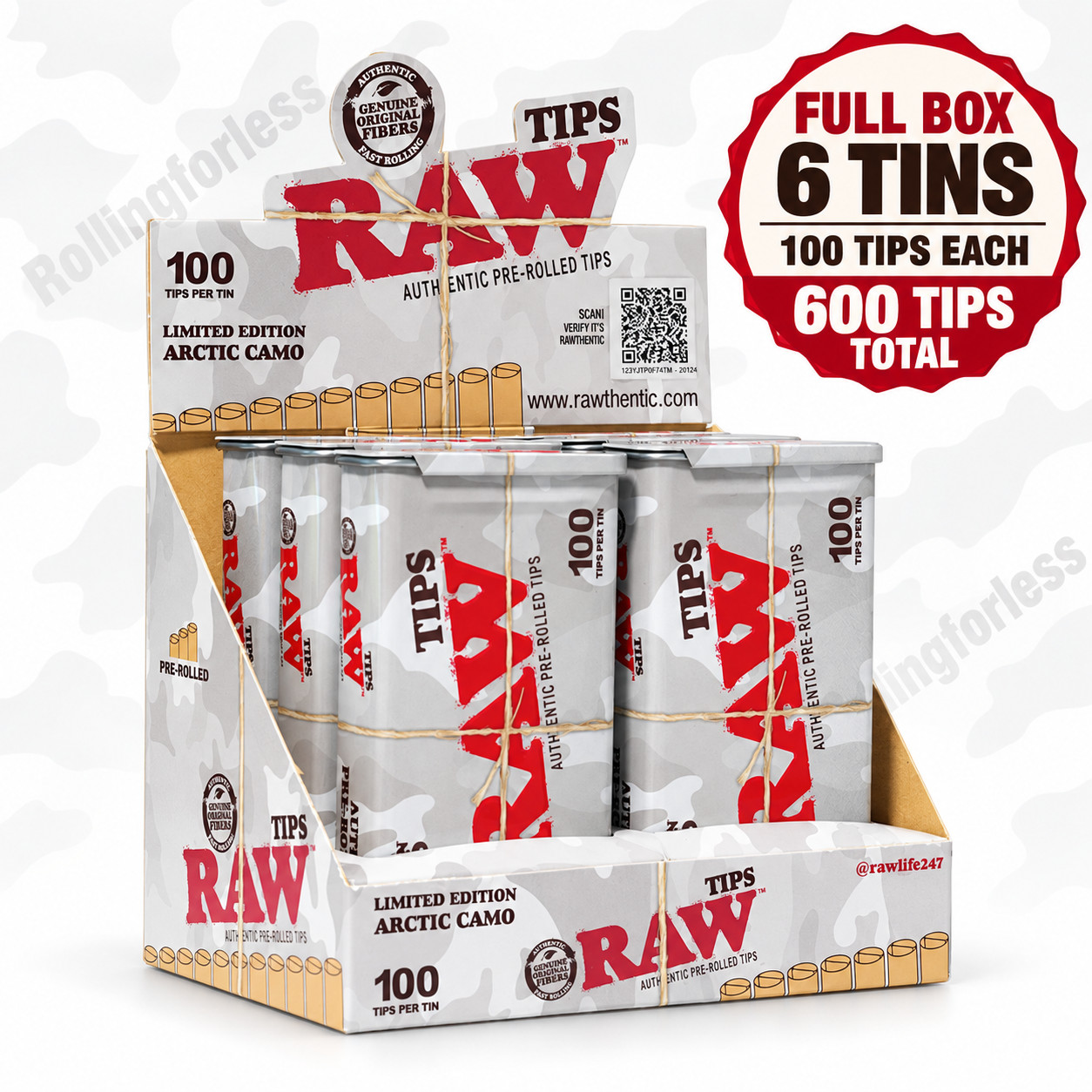 RAW Arctic Camo Pre-Rolled Tips Full Box 6 Limited Edition Tins 600 Total