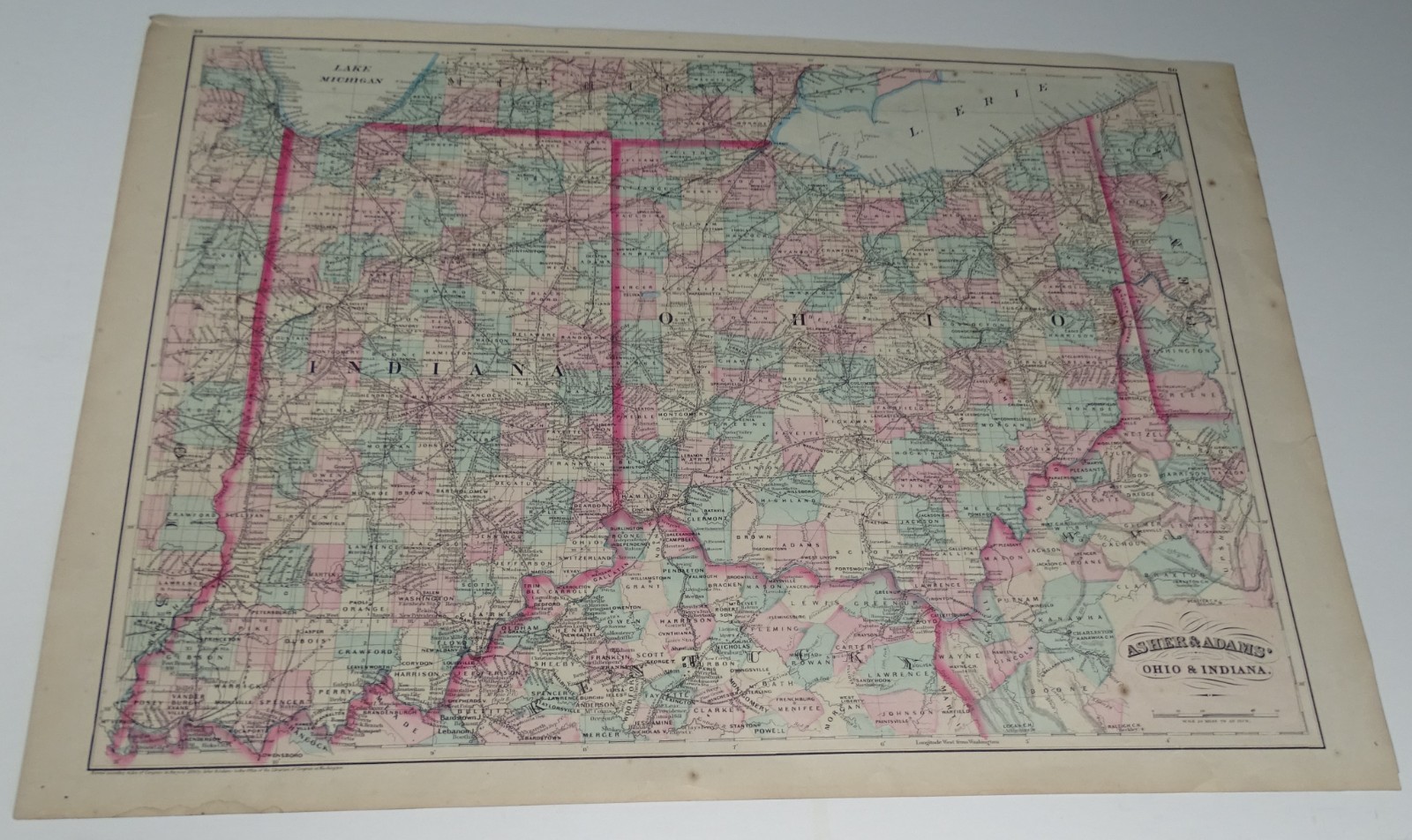 1875 Map of INDIANA/OHIO removed from AN Asher & Adams Railroad Atlas 17x25\