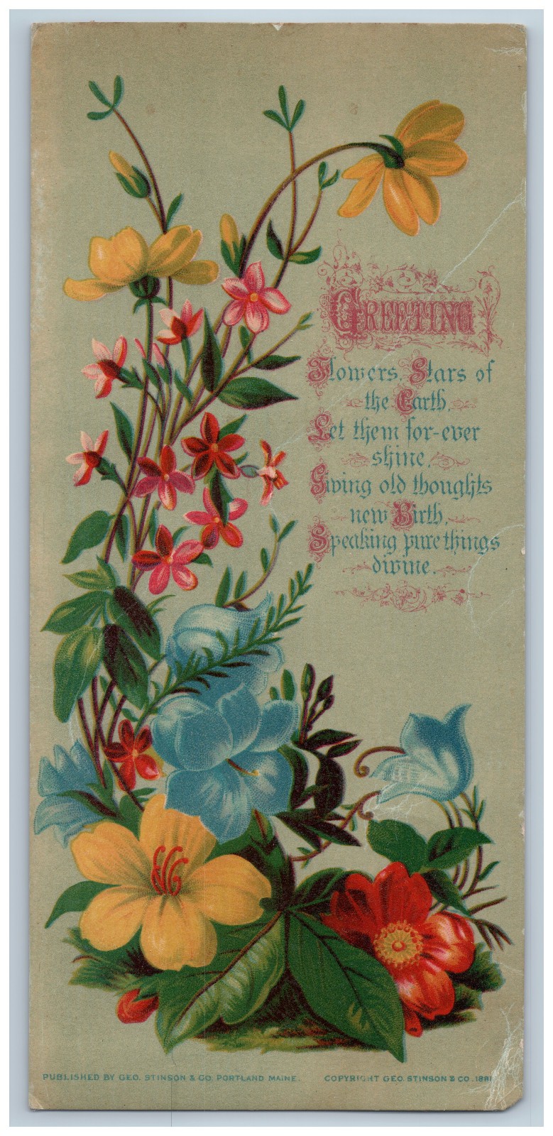 1881 Victorian Era Greeting Card Geo Stinson Floral Flowers Antique Ephemera