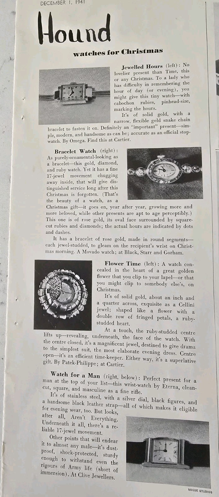 1941 Vintage Mens Ladies Watches by Omega Movado Patek Philippe Eterna Ad 
