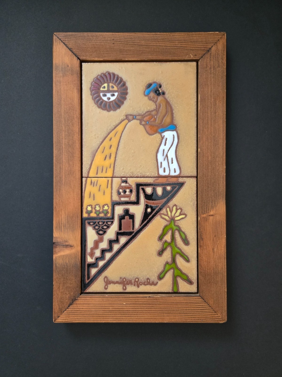 Vintage Jennifer Roche Framed Ceramic Art Tile Panel Santa Fe Southwestern Decor