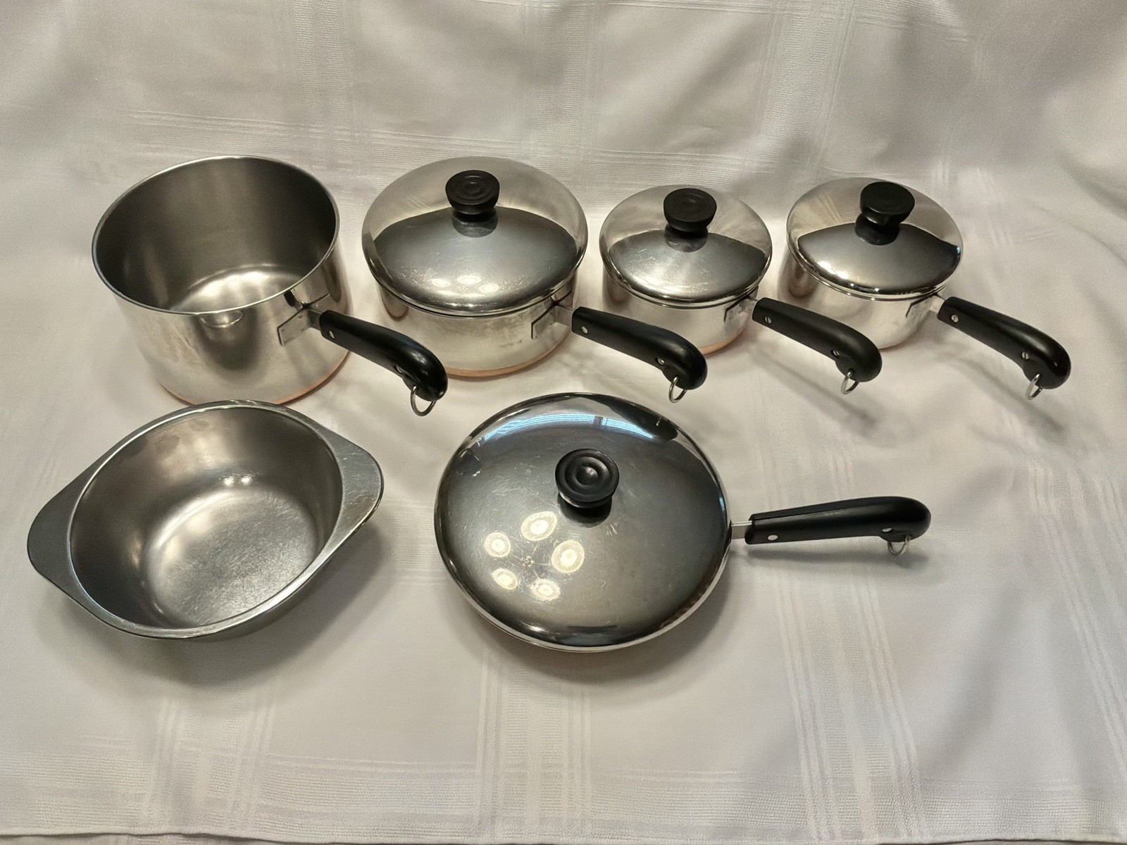 Revere Ware Pre 1968 10 Pc Copper Bottom Saucepans Fry Pan Dbl Boiler 4 Lids Revere Ware Pre 1968 10 Pc Copper Bottom Saucepans Fry Pan Dbl Boiler 4 Lids