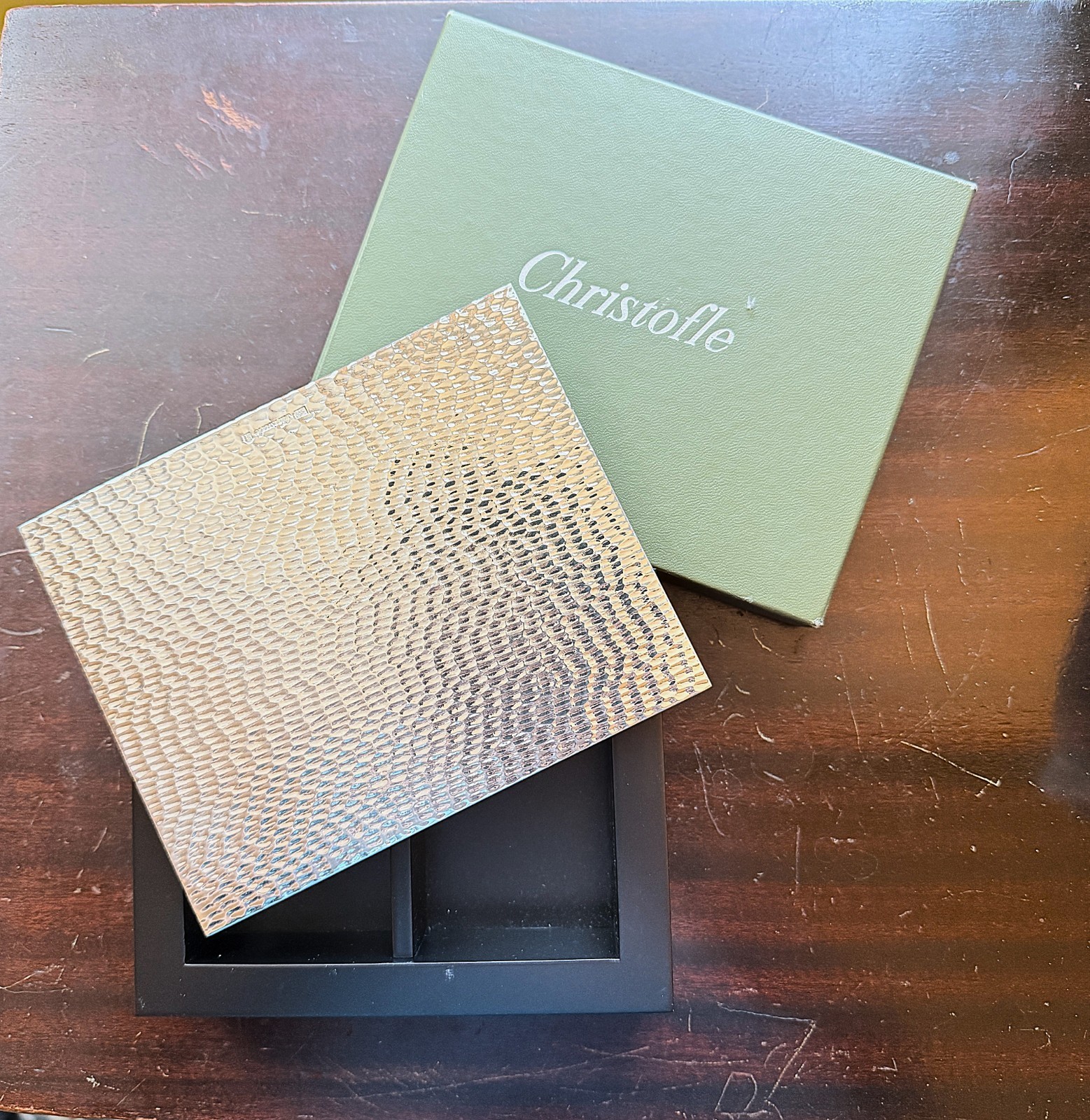 Christofle Martele Hammered Silver Plate & Lacquer Playing Card Box Elegant Luxe