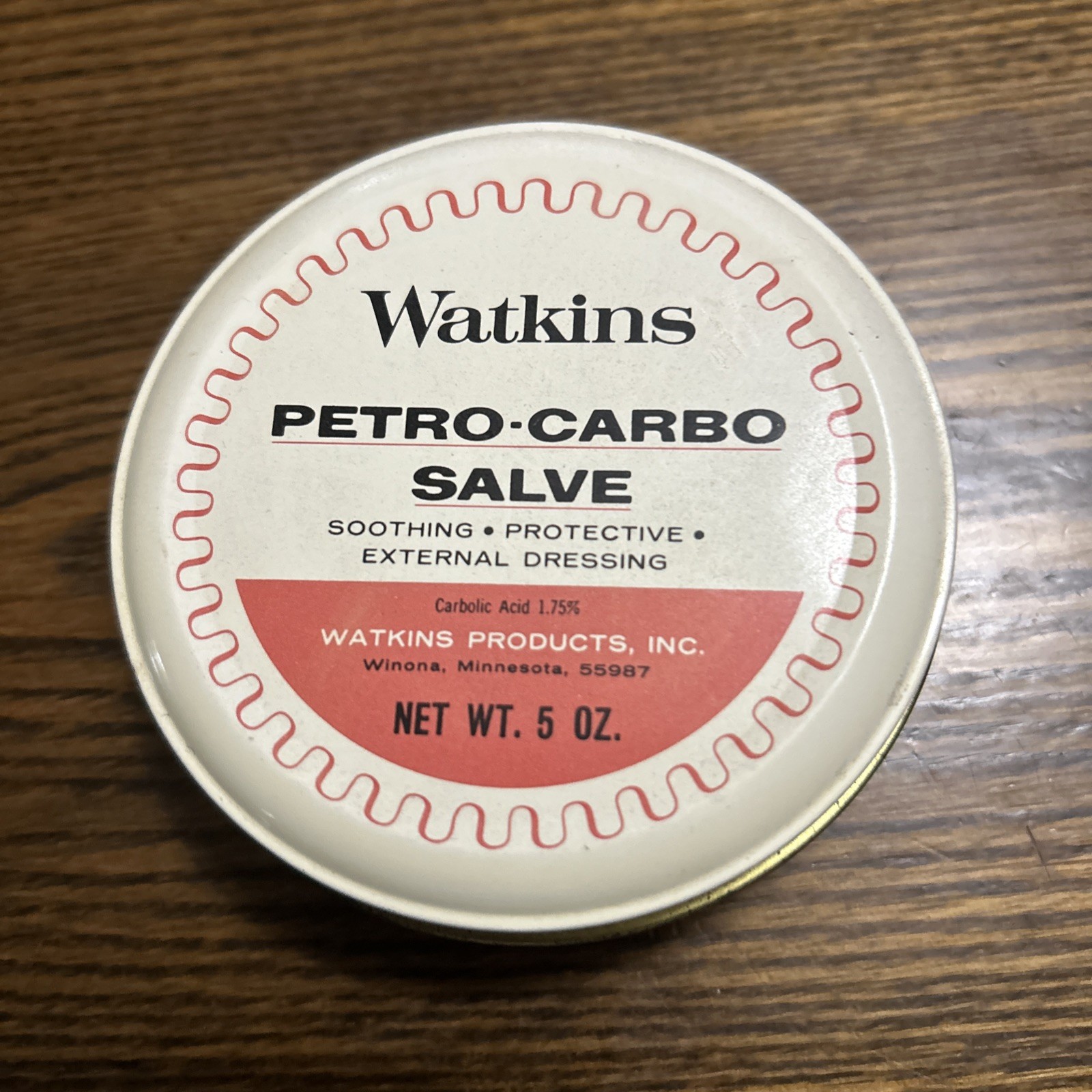 Vintage Watkins Petro-Carbo Salve Metal Tin 5 Oz Cut Burn Chaffing 99% Full