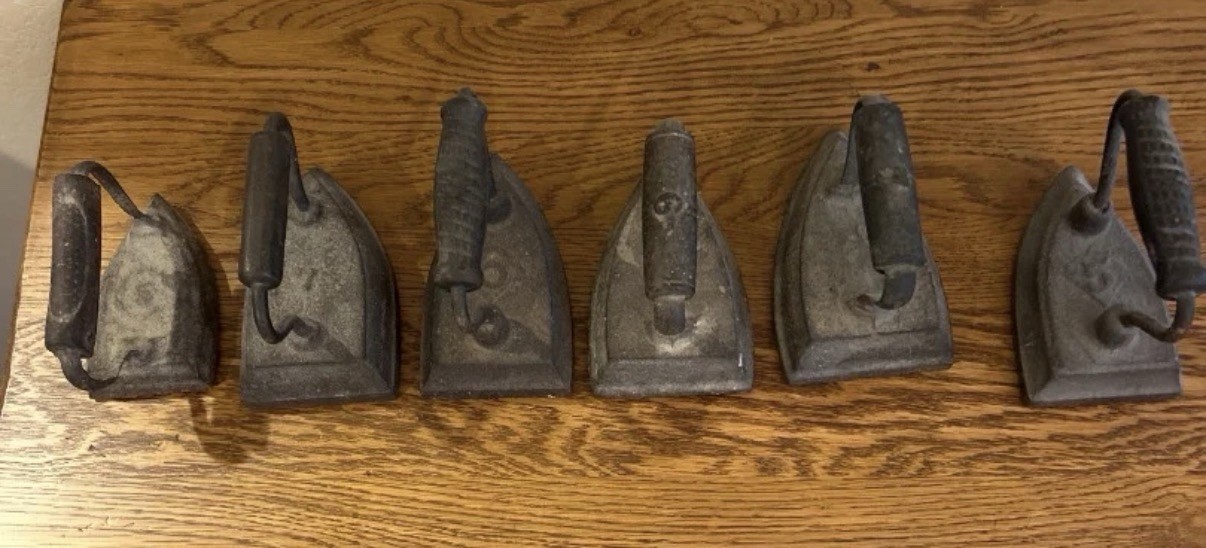 Lot of 6 Antique Cast Iron Sad Irons Wooden Handles Primitive Laundry Farmhouse