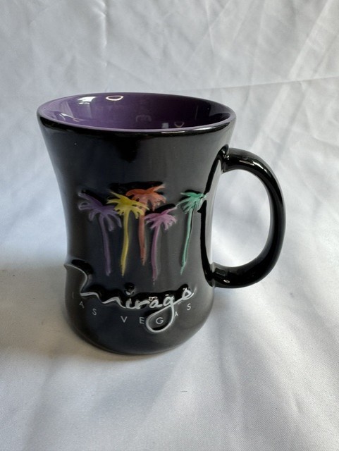 Las Vegas Mirage Hotel Casino Black Coffee Mug Palm Trees Logo Purple Inside