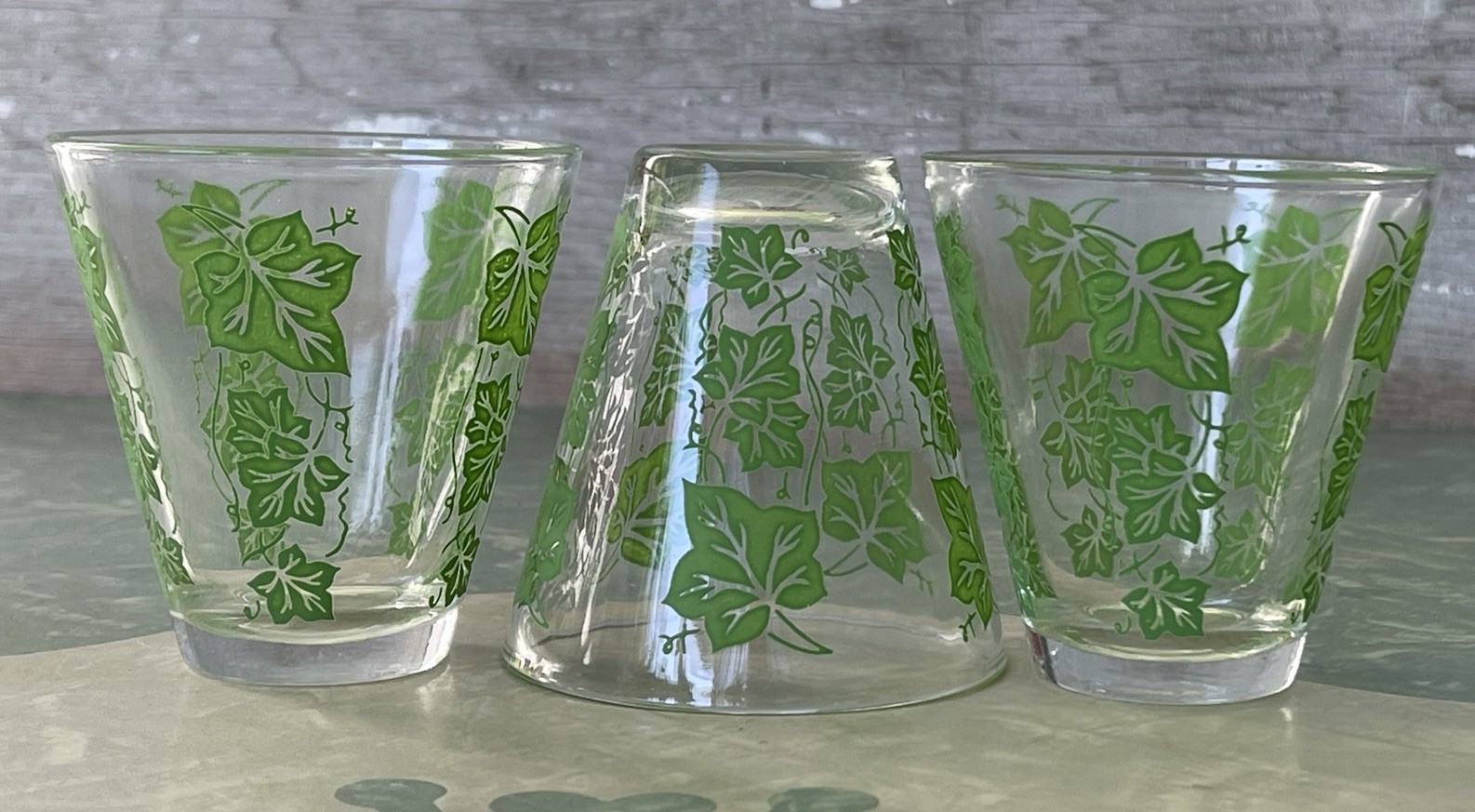 Set of 3 Vintage Clear Fluted Double Shot Glass Green Ivy Decal 4 oz. Capacity