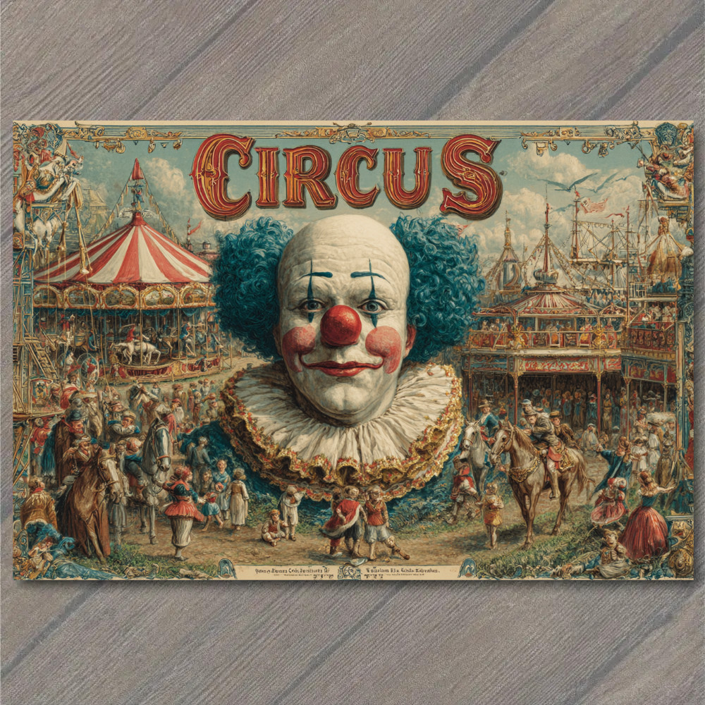 POSTCARD Circus Clown Big Top Fairground Crowd Poster