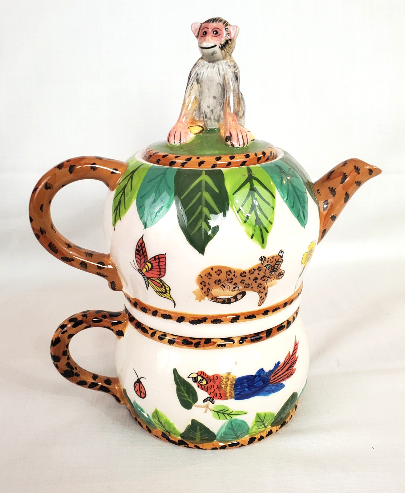 VTG Lynn Chase Atelier Hand Painted Jungle Jubilee 3 Piece Petite Tea Pot & Cup VTG Lynn Chase Atelier Hand Painted Jungle Jubilee 3 Piece Petite Tea Pot & Cup