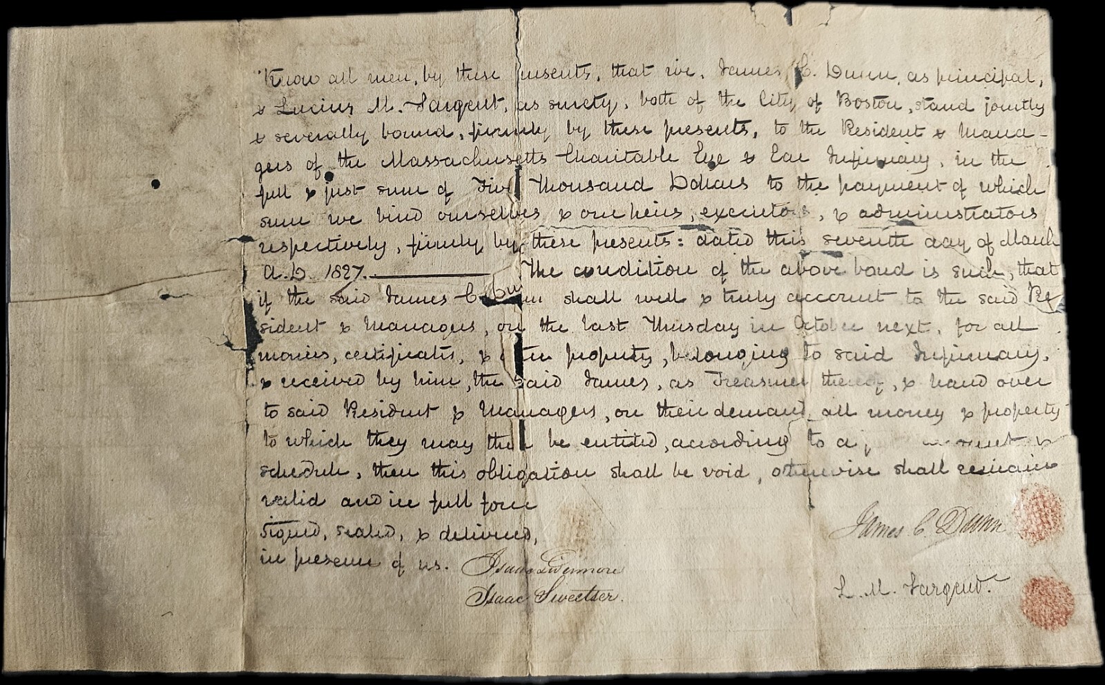 1827 Antique Note For $5000 Mass Ear & Eye Boston - James Dunn - Lucius Sargent