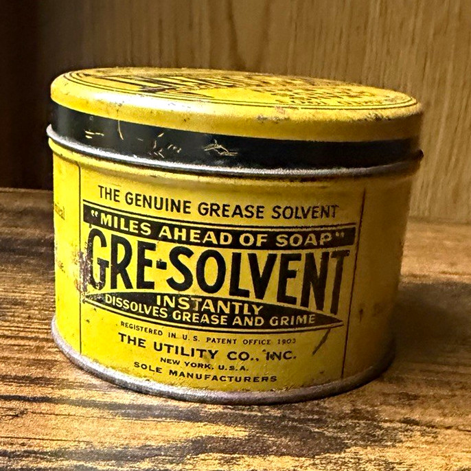 VTG 1920s Gre-Solvent 11 oz Advertising Tin Can • Art Deco Garage Memorabilia