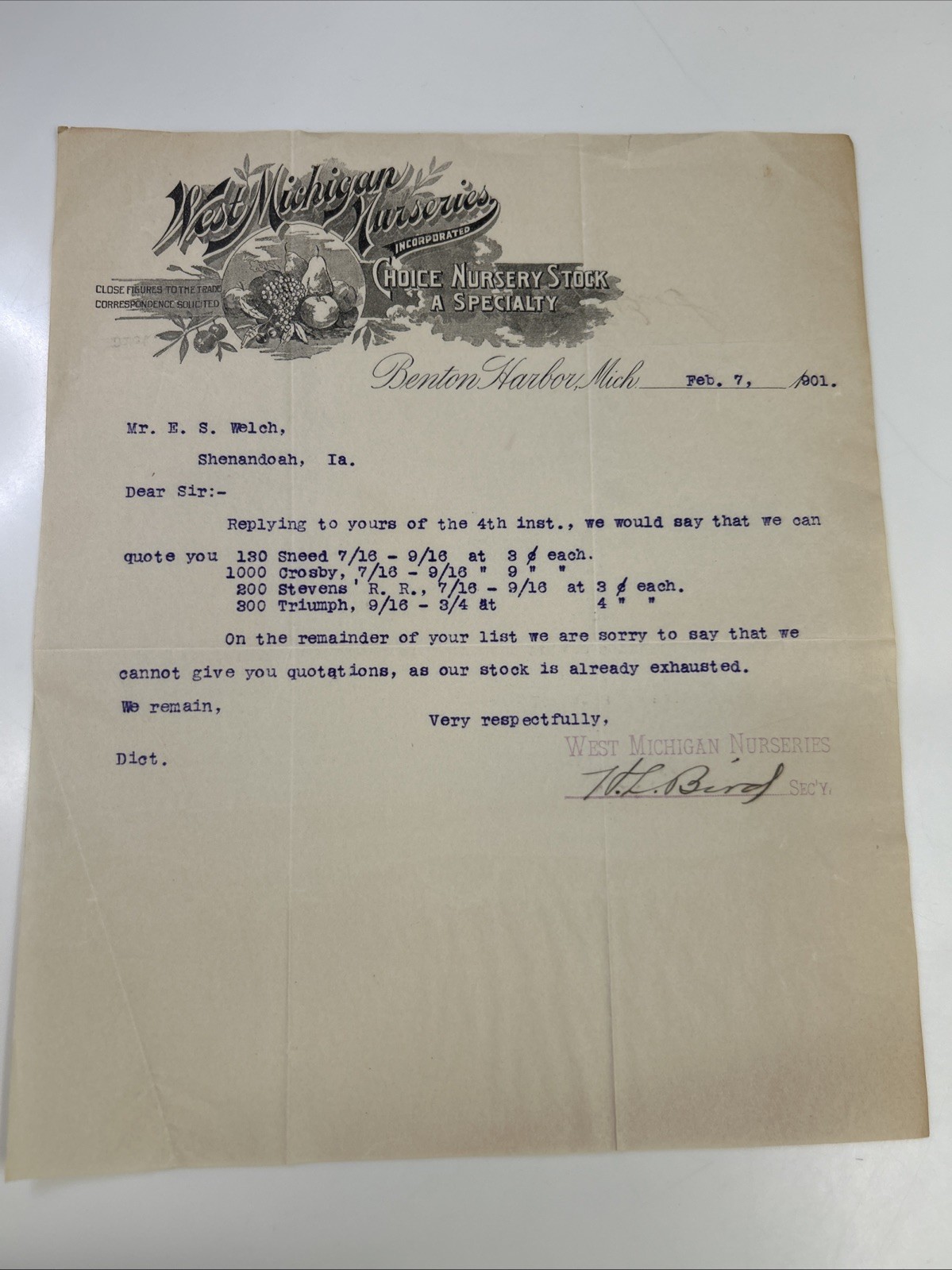 Antique Billhead West Michigan Nurseries 1901