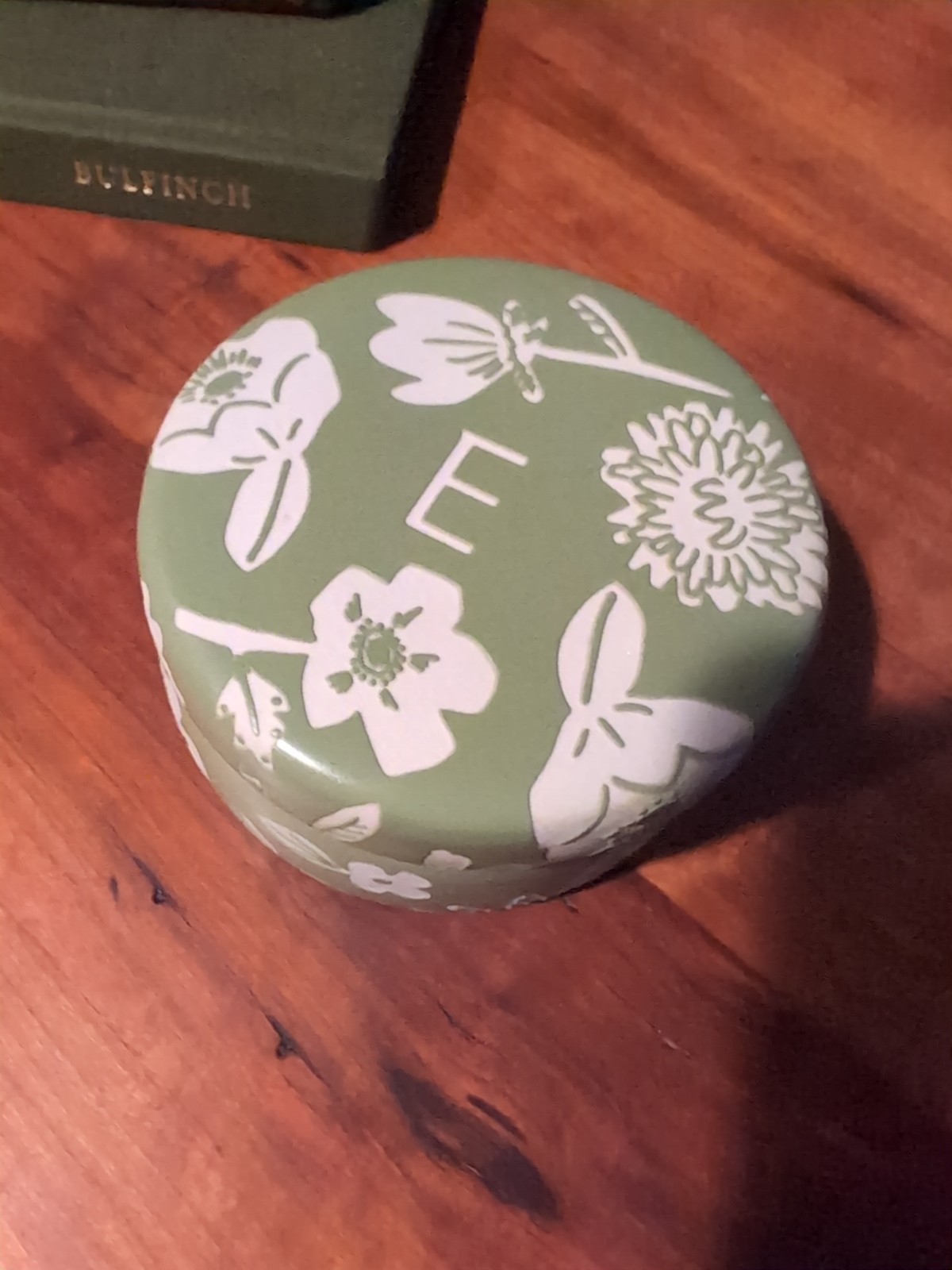Anthropologie Trinket Dish E Green Floral Design Ceramic