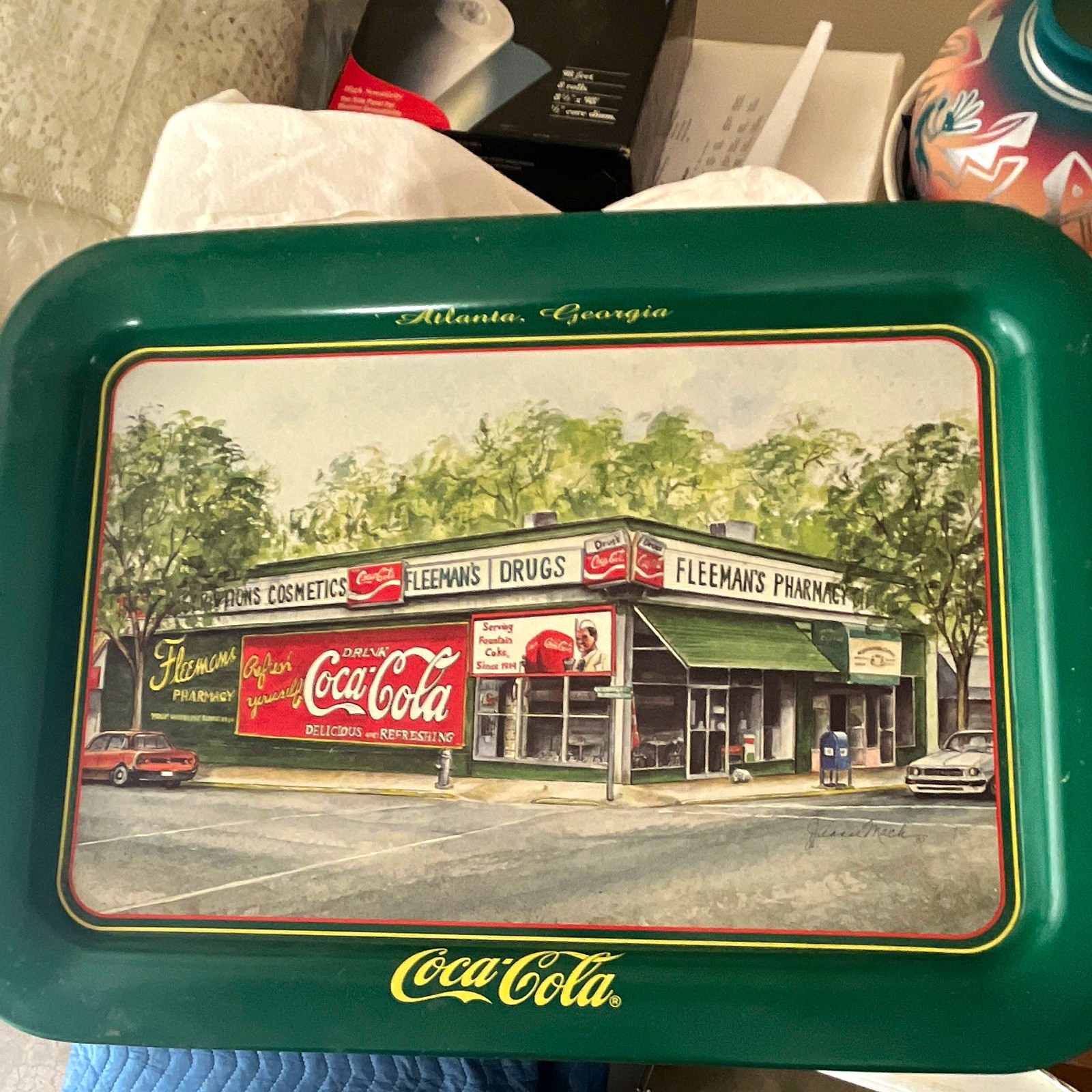 Coca-Cola Fleeman\'s Pharmacy Atlanta GA Tray 1995 Green Original