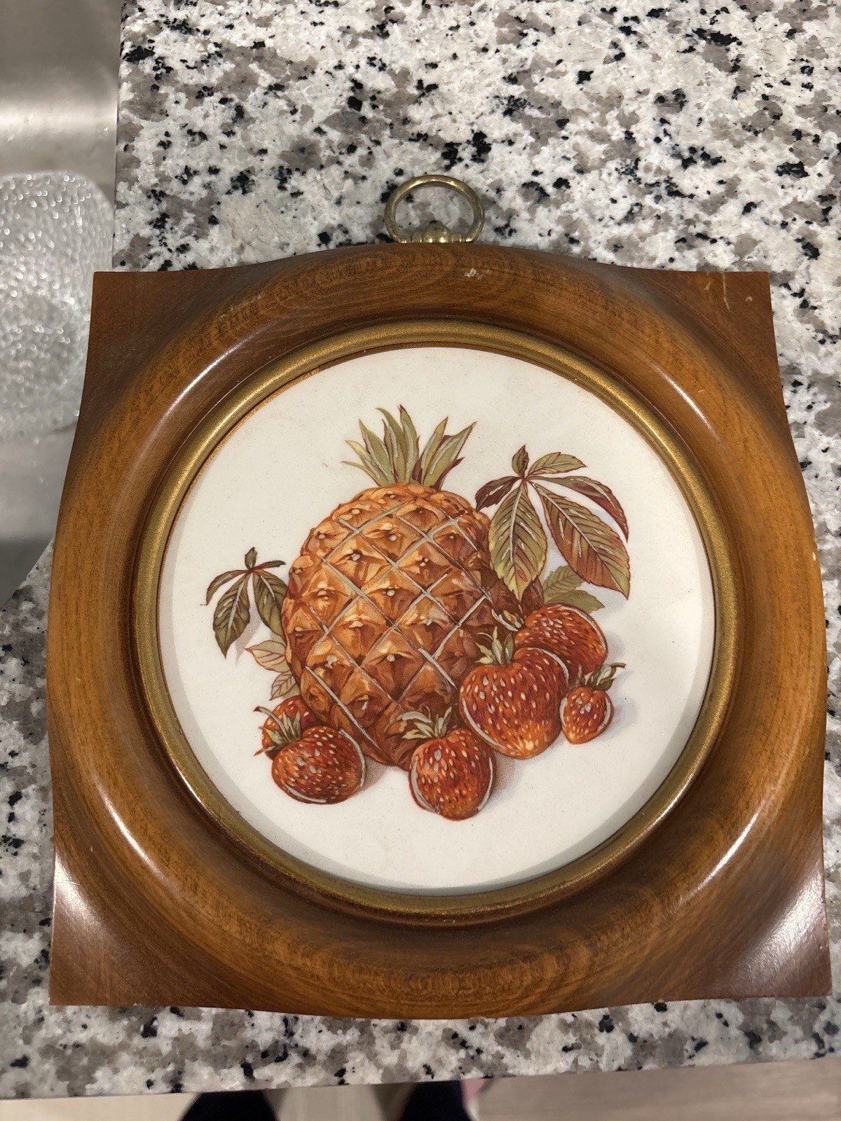 Vintage Sungott Hand Enameled Porcelain Plaque Pineapple Strawberry Wood Frame