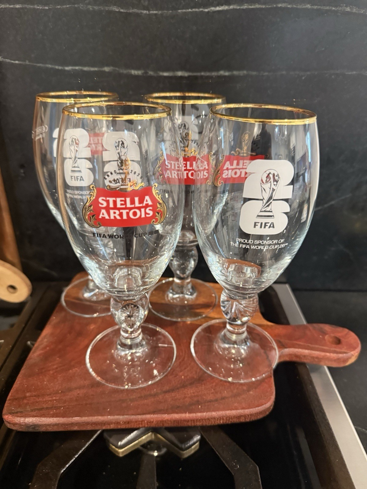 Stella Artois FIFA World Cup Chalice Goblet Beer Glasses Gold Rim Set of 4