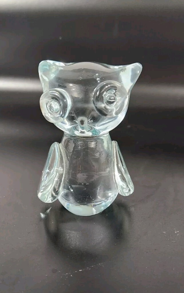 Vintage Hand Blown Clear Art Glass OWL BIRD Figurine / Paperweight 3.5