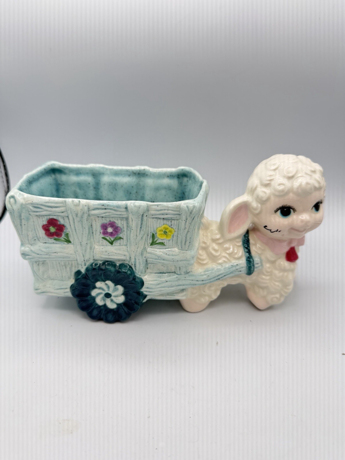 Vtg 1970s Eur-O-Con Lamb Sheep Cart Planter Ceramic Aqua Flower Vtg 1970s Eur-O-Con Lamb Sheep Cart Planter Ceramic Aqua Flower