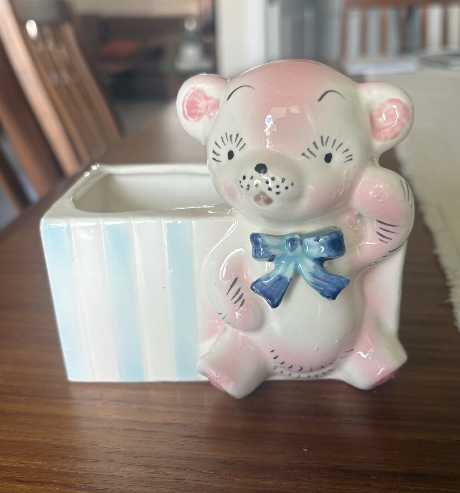 Vintage NEIDCO Japan Bear Planter Pink Blue Nursery Vanity Holder 1960s