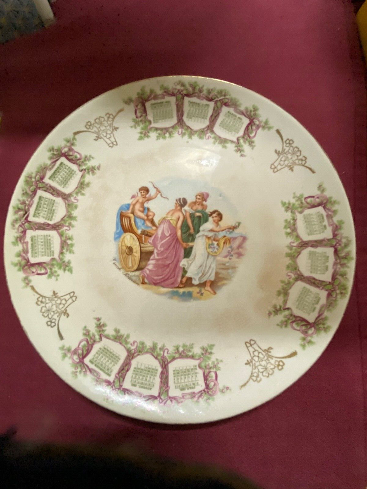 1910 Vintage Calendar Plate Ladies & Cherub in Chariot Desden China ~ AD122