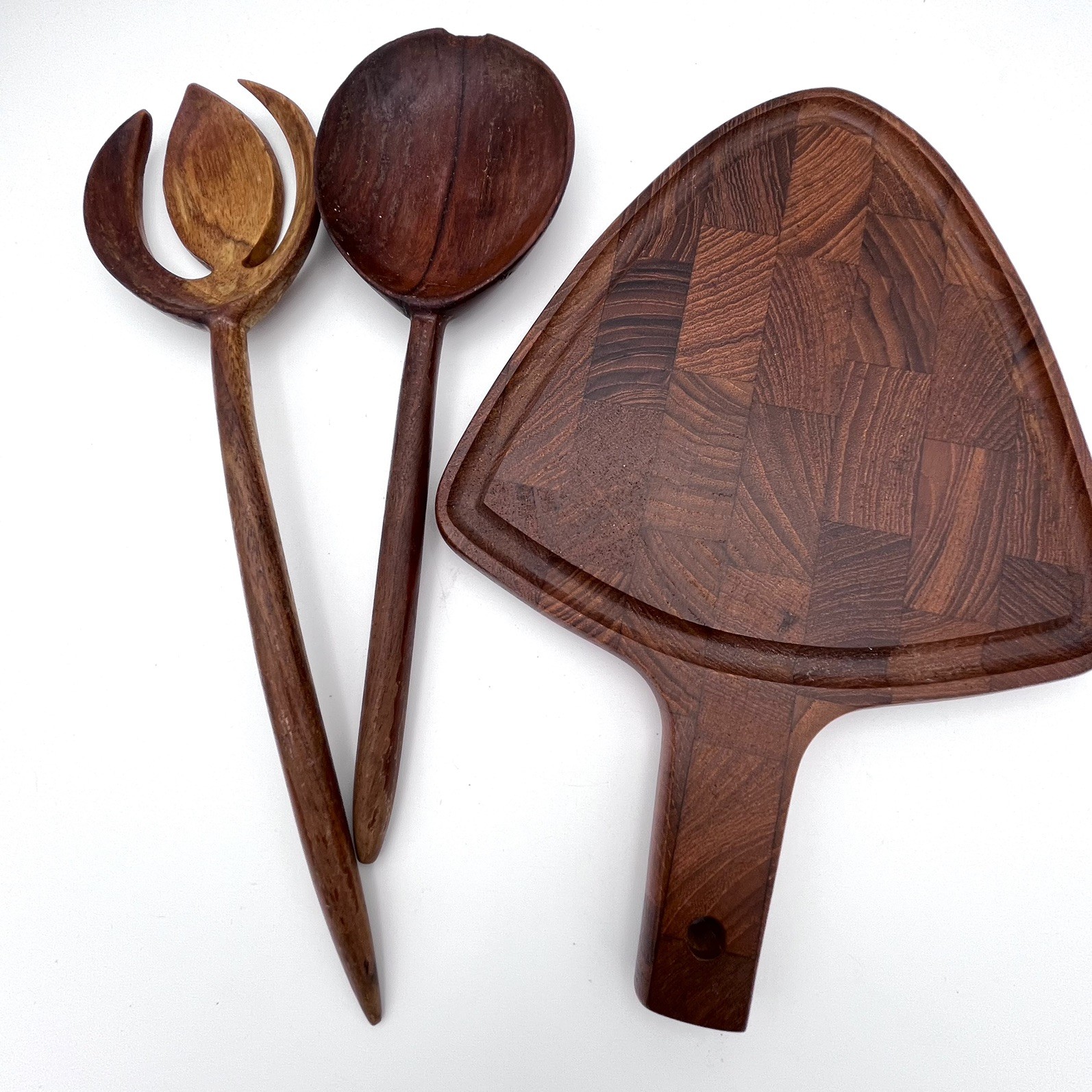 Vtg Danish Modern MCM DIGSMED Teak Cheese Board & 2 Wood Salad Serving Pcs READ