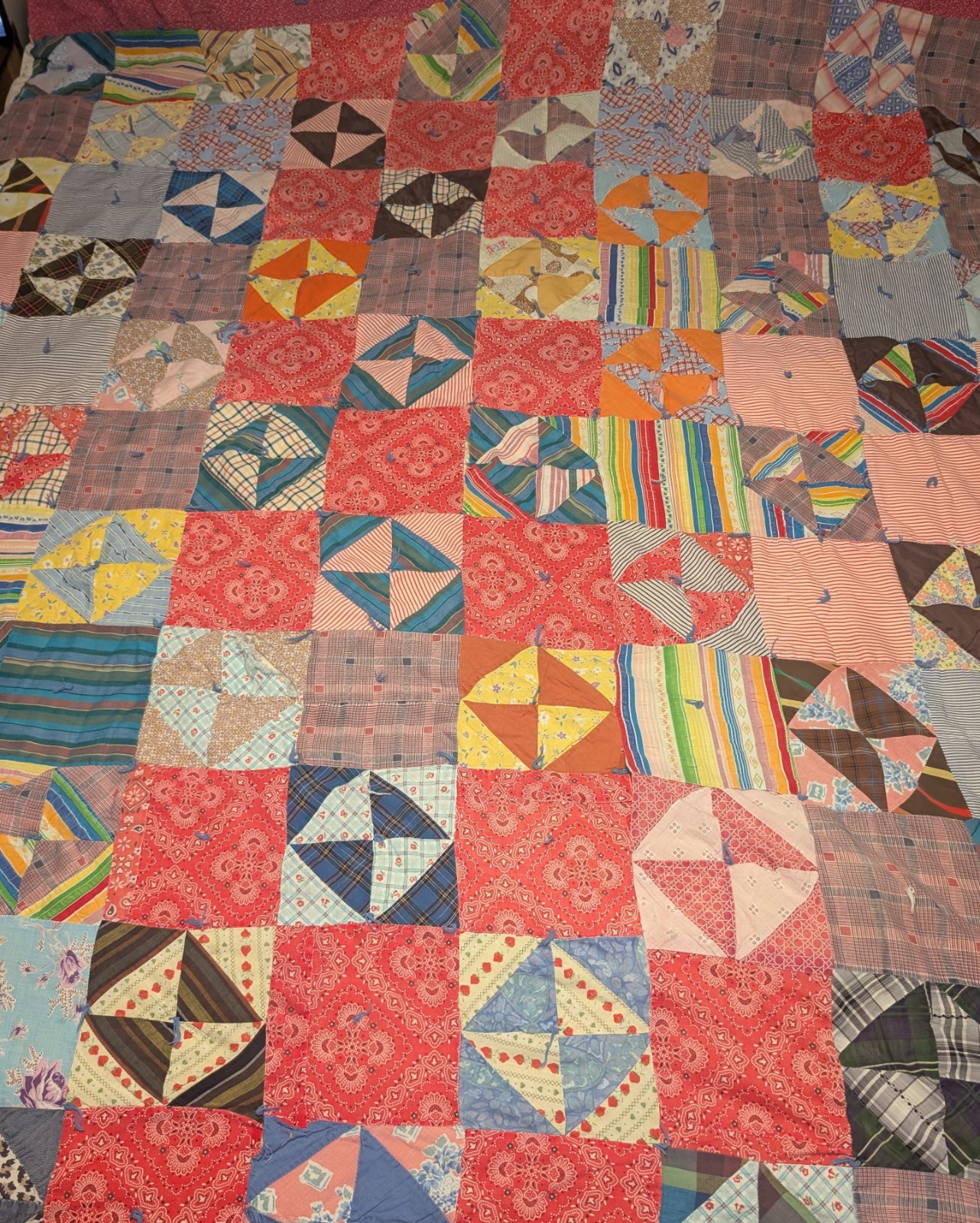 Vintage Handmade Scrappy Pinwheel Quilt 72