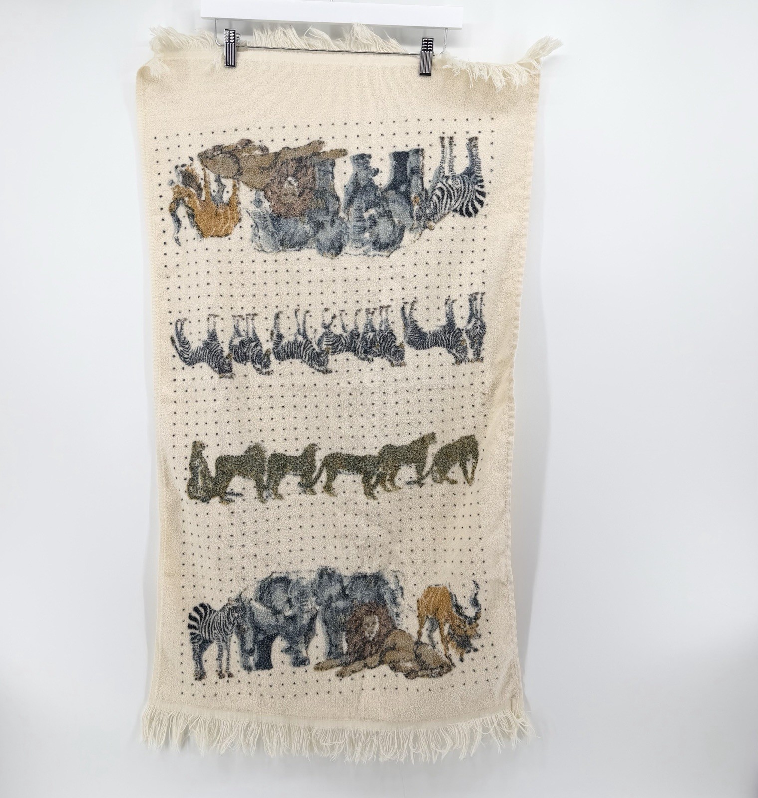 Vtg 70s Lady Pepperell Animal Walk Bath Towel West Point Fringe Polka Dot Safari