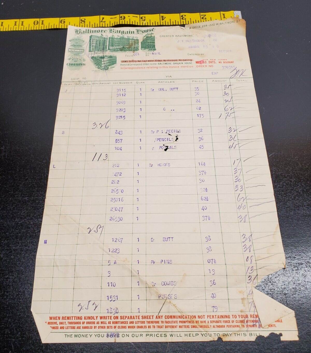 Baltimore Bargain House Invoice - Wholesalers of General Merchandise-Baltimore