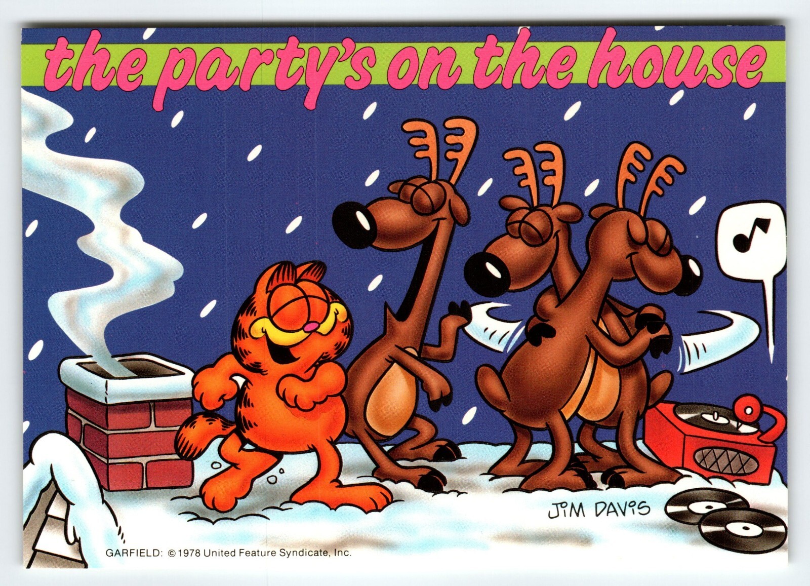 Garfield Cat Christmas Postcard Reindeer Roof Party Records Music Jim Davis 1978 Garfield Cat Christmas Postcard Reindeer Roof Party Records Music Jim Davis 1978