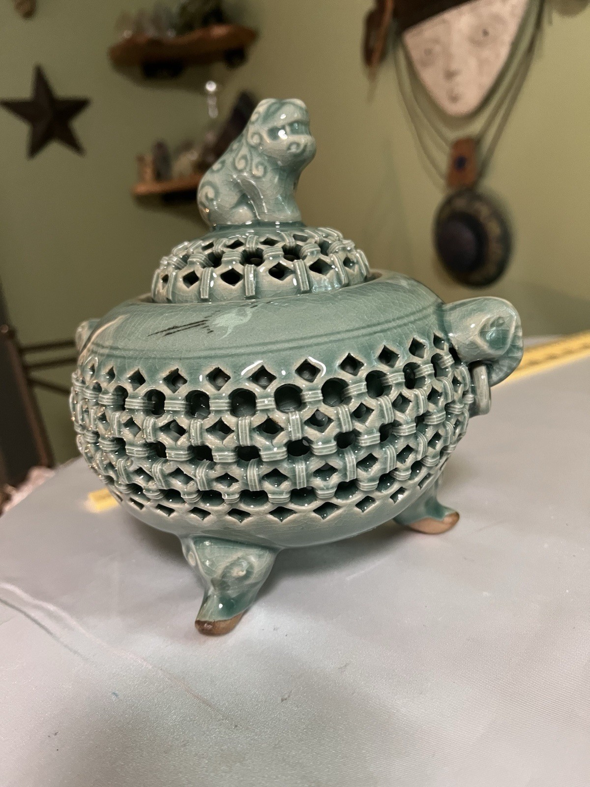 Vintage Korean Goryeo Celadon Incense Burner Signed Eun-Kwang Censer 7.25