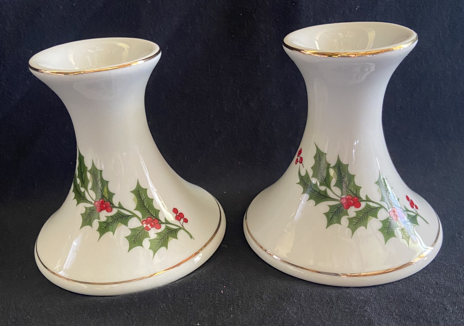2 Vintage Holly Berry Candle Stick Holders Christmas Holiday Flared Japan 3.75\