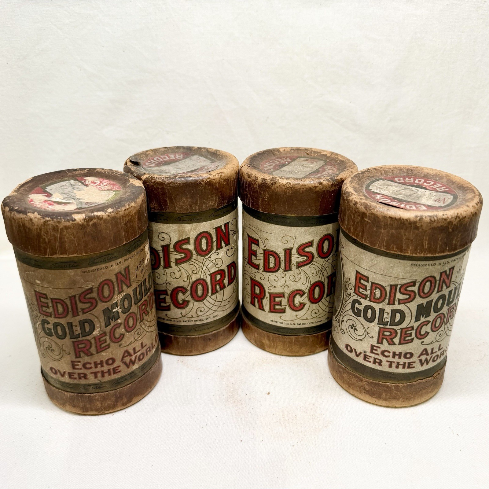 Vintage 4 Edison Gold Moulded Record Cylinders Lot Boxes Phonograph Vaudeville 