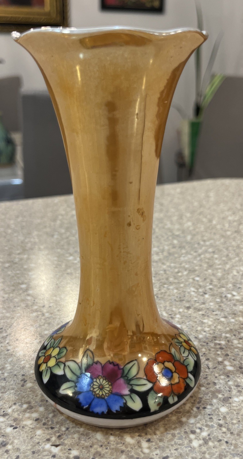 Vintage Noritake Hand Painted Floral Vase Japan Luster Interior Orange Black Rim