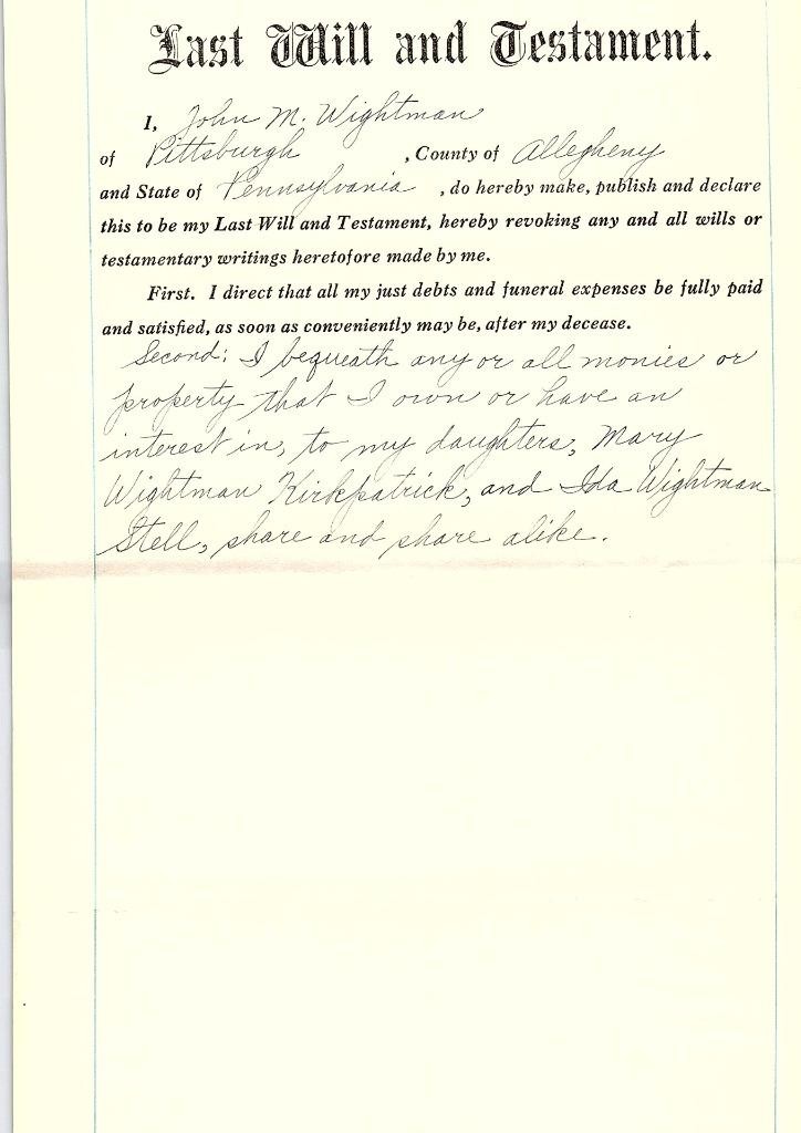 Last Will And Testament of John Wightman Pittsburgh Pennsylvania 1944