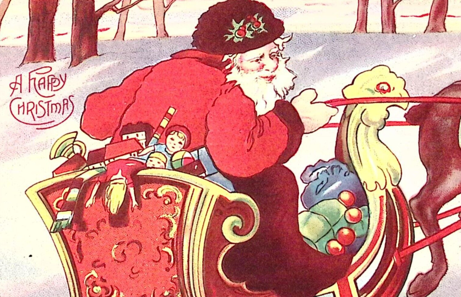 1915 WINSCH BACK Christmas Postcard Germany Holly Trimmed Hat Santa Rides Sleigh