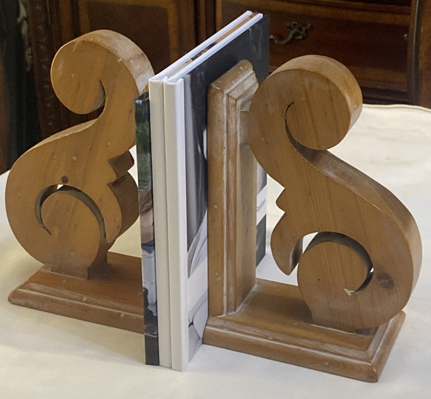 Vintage Solid Wood Bookends White Wash