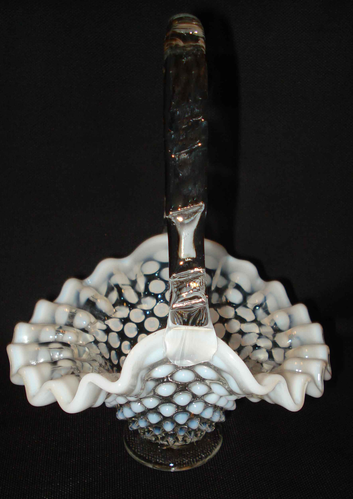 Vintage Fenton White French Opalescent Hobnail Glass Miniature Ruffled Basket