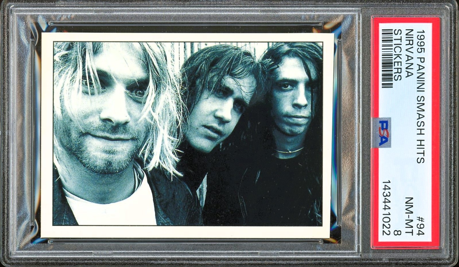 1995 Panini Smash Hits Sticker #94 ~ Nirvana Kurt Cobain Rookie ~ PSA 8 NM-MT 1995 Panini Smash Hits Sticker #94 ~ Nirvana Kurt Cobain Rookie ~ PSA 8 NM-MT