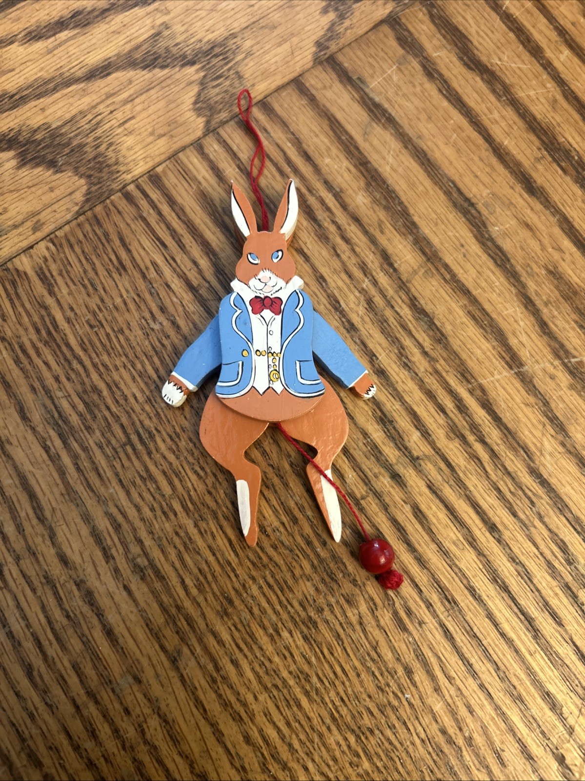 Vintage Easter wood pull string jumping jack toy bunny rabbit Peter ornament 4\