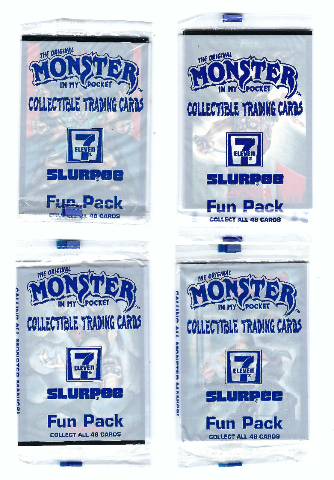 FOUR MINT 1991 ORIGINAL 7-11 MONSTER IN MY POCKET UNOPENED PACKS OF CARDS