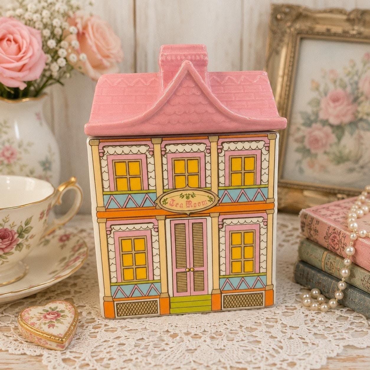 Vintage 1989 Avon townhouse, tea room, ceramic canister, pink roof cottage core