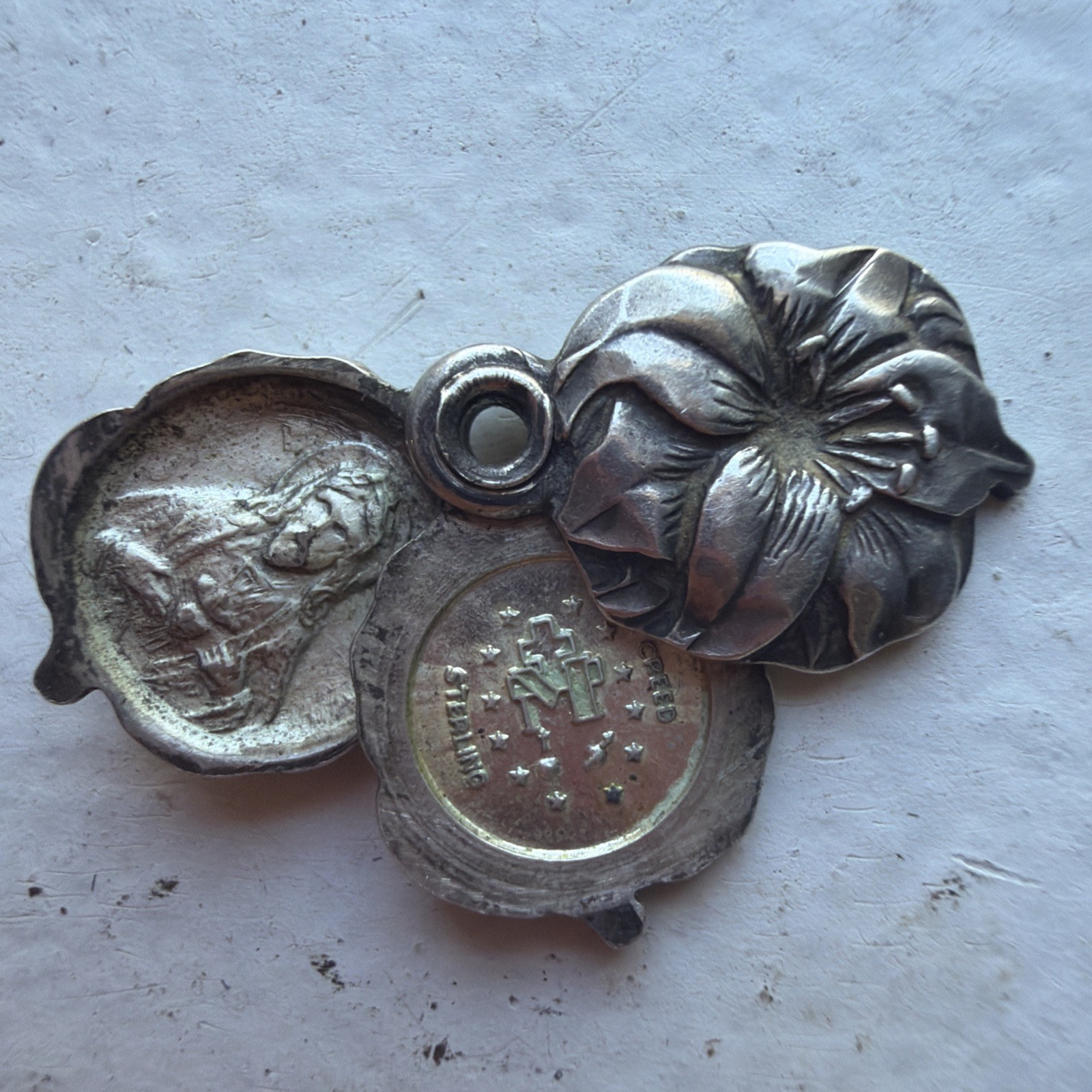 Vintage Catholic Miraculous Rose Triple Slide Sterling Silver Charm Medal Vintage Catholic Miraculous Rose Triple Slide Sterling Silver Charm Medal